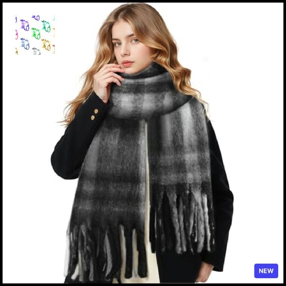 Oversized Mohair Scarf Thick Checked Tassel Wrap Soft Winter Chic Blanket Style - Picture 2 of 5